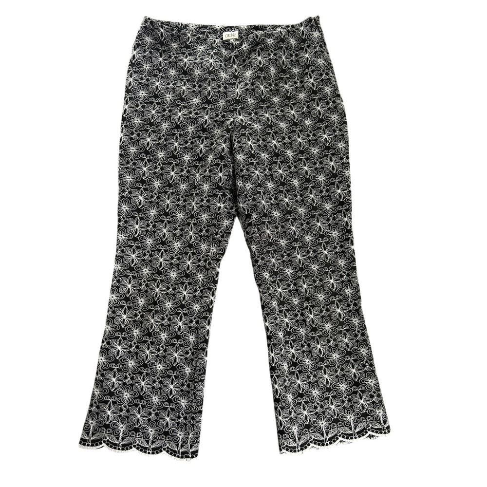 Cache Womens Black White Floral Embroidered Scallop Hem Cropped Flare Pants 6